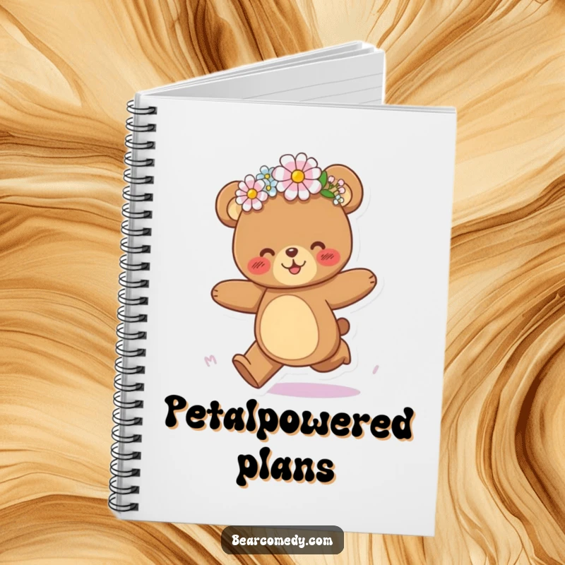 Funny bear notebook cover featuring a bear character joyfully galloping with a flower crown tilted playfully askew, full of life.