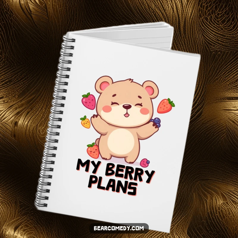Funny Notebook featuring a bear character with a goofy grin, hilariously juggling berries, perfect for capturing thoughts with a humorous touch.