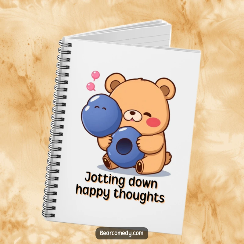 Funny notebook cover featuring a bear with a happy sigh, munching on a giant blueberry, perfect for jotting happy thoughts.
