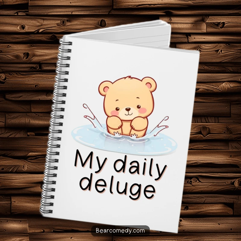 Funny Notebook featuring a bear animal playfully splashing in a puddle, perfect for jotting down notes with a splash of adorable humor.