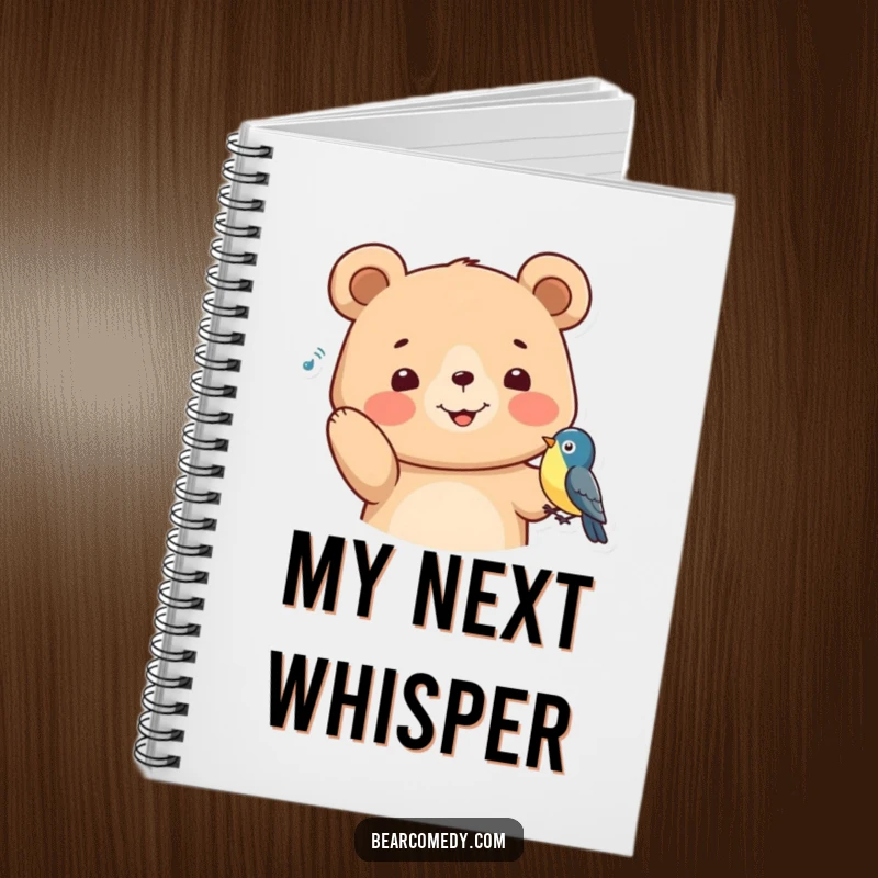 Funny Notebook featuring a happy bear with perked ears, listening to a bird, perfect for jotting down thoughts with a touch of gentle humor.
