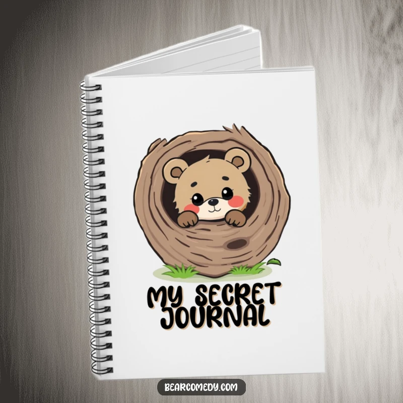 Funny curious bear peeking from behind a large, fallen log with a gentle gaze, a notebook for writing ideas.