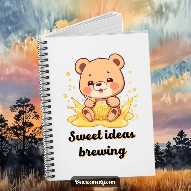 Funny notebook cover with a bear character playfully splashing in a bubbly honey stream, perfect for jotting down sweet ideas.