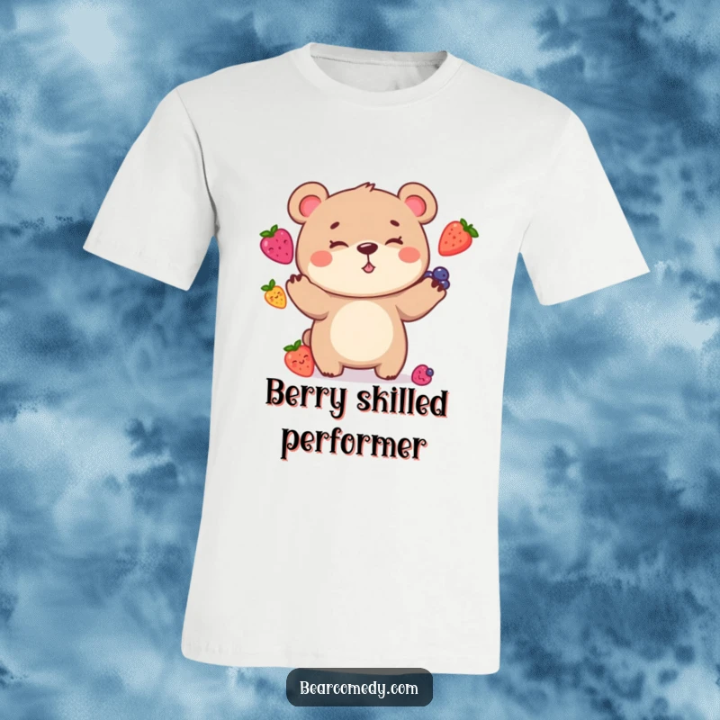 Funny T-Shirt depicting a bear character with a goofy grin, hilariously juggling a pile of berries, showcasing pure, comical delight.