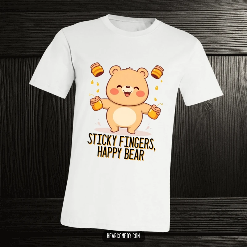 Funny bear t-shirt featuring a smiling bear character enthusiastically juggling several dripping honey pots, a symbol of sweet chaos.