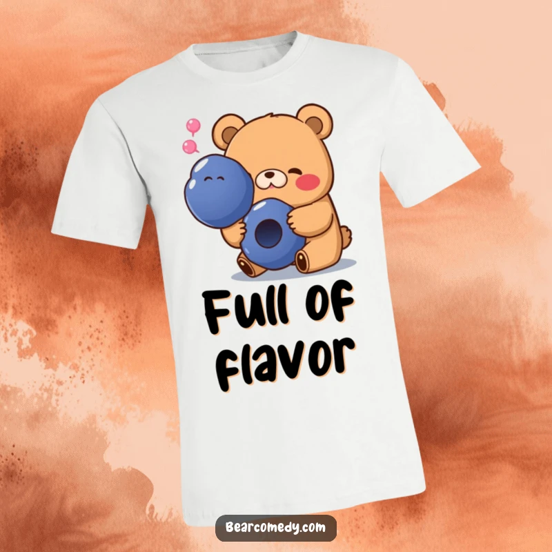 Funny t-shirt depicting a bear with a happy sigh, contentedly munching on a giant blueberry, a picture of pure joy.
