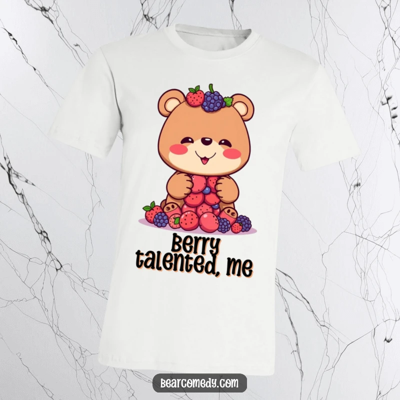 Funny t-shirt featuring a bear with a silly grin struggling to balance a tall stack of juicy berries, evoking playful chaos.