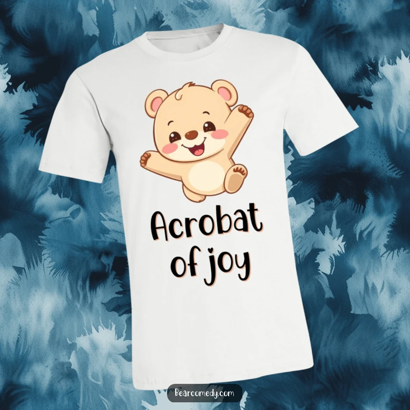 Funny t-shirt design of a bear cub doing a joyful somersault with a wide grin, capturing a moment of pure, uninhibited happiness.