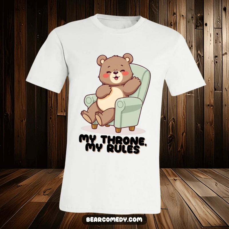 Funny bear t-shirt featuring a bear in a comical pose sitting on a comically tiny, oversized chair, embodying silliness.