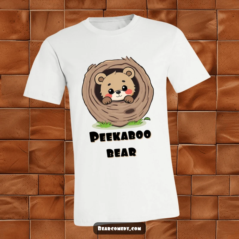Funny curious bear peeking from behind a large, fallen log with a gentle gaze, printed on a comfortable tee.
