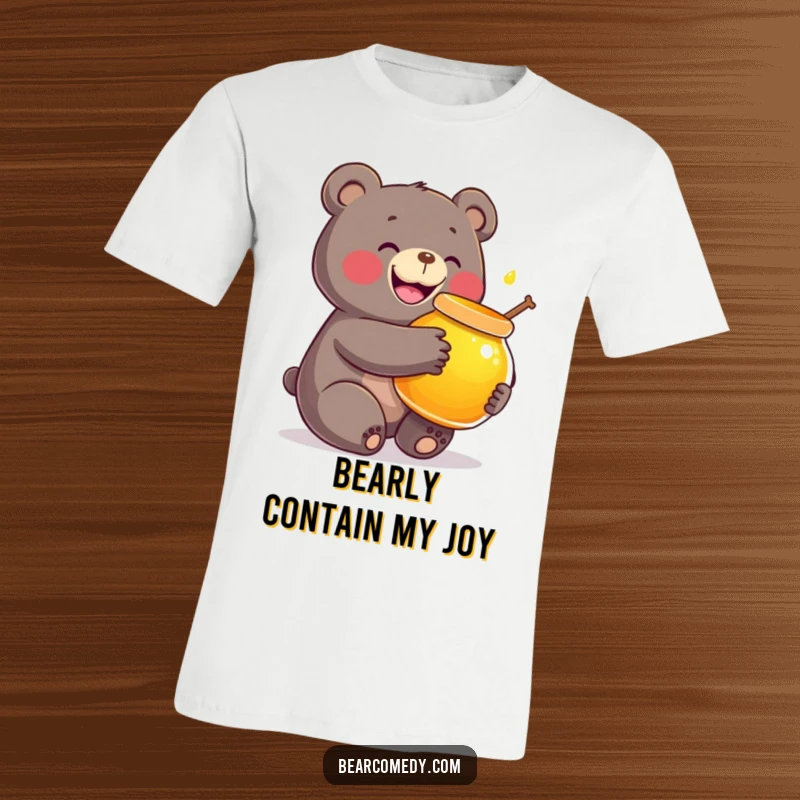 Funny t-shirt showcasing a joyful bear character embracing a large, luminous honey pot with an ecstatic grin.