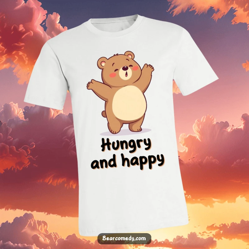 Funny t-shirt showcasing a bear dancing energetically due to a rumbling tummy, radiating pure, hungry joy and movement.
