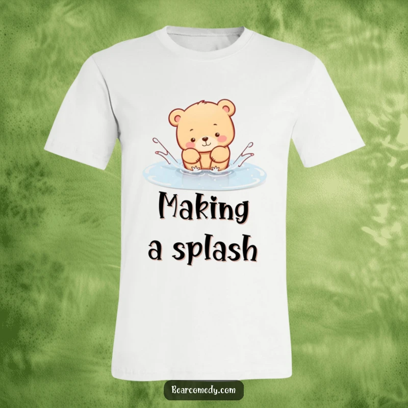 Funny T-Shirt depicting a cheerful bear animal joyfully splashing in a small, clear puddle, capturing a moment of pure, wet-footed fun.