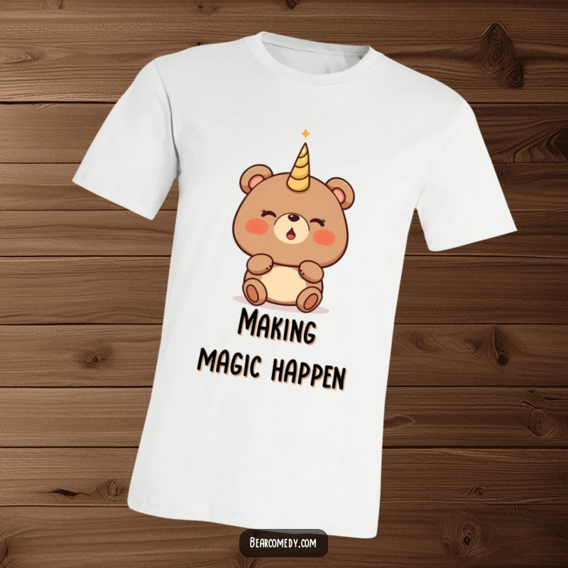 Funny bear t-shirt illustrating a bear character with rosy cheeks, about to blow a magical, shimmering horn with anticipation.