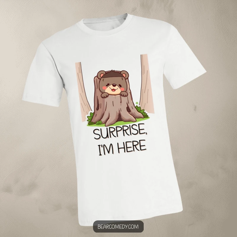 Funny bear t-shirt featuring a bear peeking out from a hollow tree stump with a cheeky, funny grin, embodying mischief.