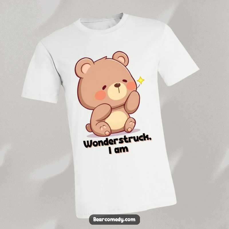 Funny t-shirt of a bear with a curious head tilt, examining a bright, sparkling firefly, capturing a moment of nighttime magic.