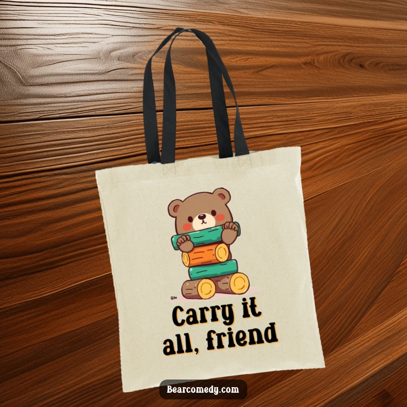 Funny bear tote bag illustrating a bear's comical attempt to balance an precarious stack of colorful logs, bringing humor to errands.