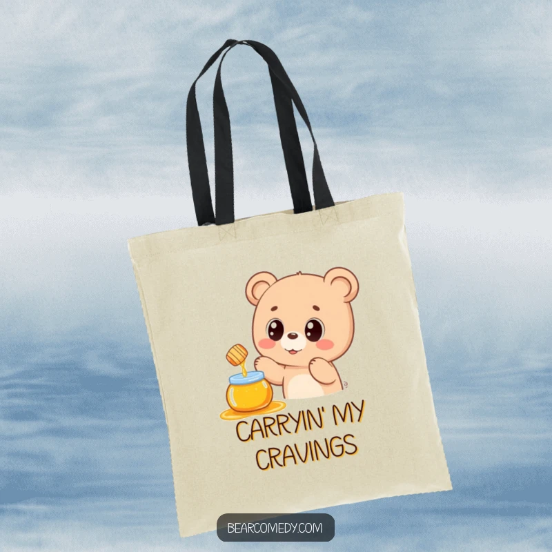 Funny tote bag featuring a kawaii bear with large, happy eyes yearning for a dangling honey pot, perfect for carrying treats.