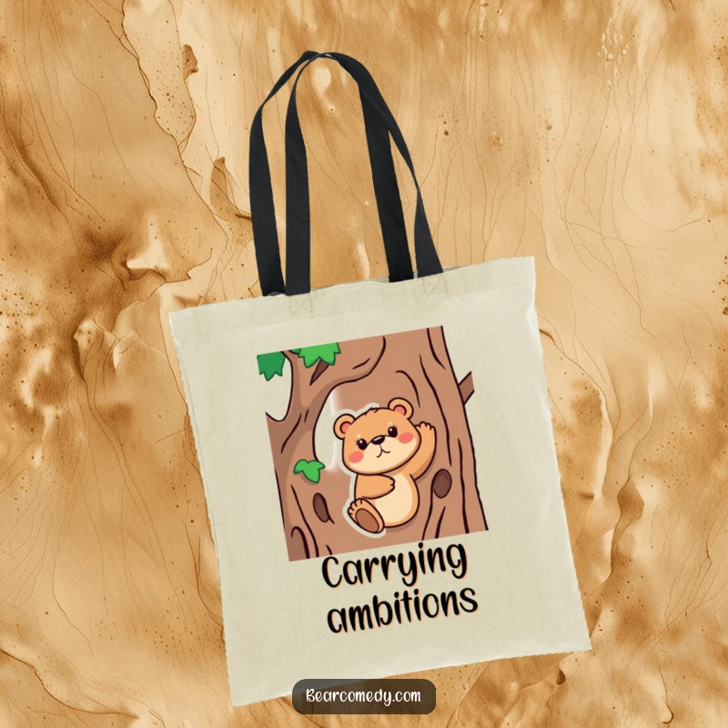 Funny Tote Bag featuring a bear animal with a determined face, trying to climb a tree, a practical and humorous accessory for go-getters.