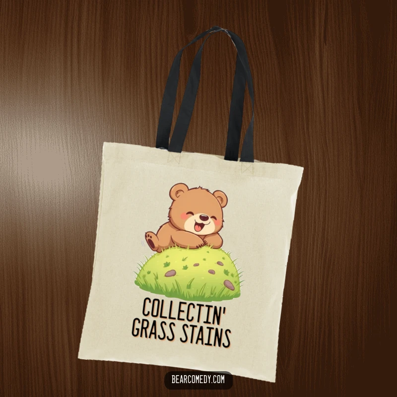 Funny tote bag showcasing a bear cub rolling down a grassy hill, symbolizing happy-go-lucky vibes and a love for adventure, perfect for errands.