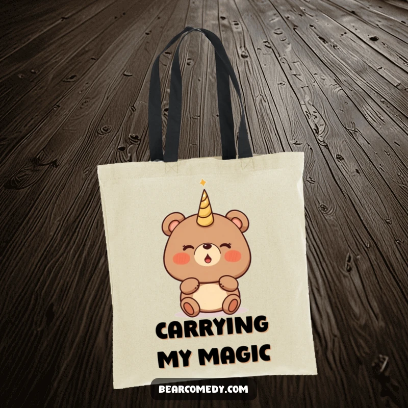 Funny bear tote bag featuring a bear character with rosy cheeks, about to blow a magical, glowing horn with anticipation.
