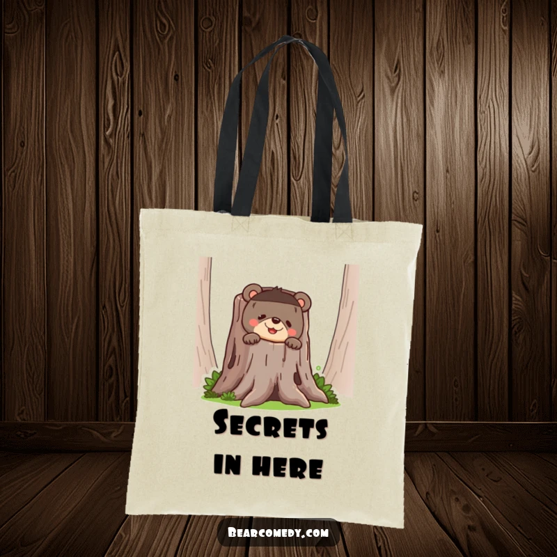 Funny bear tote bag featuring a bear peeking out from a hollow tree stump with a sly, funny grin.