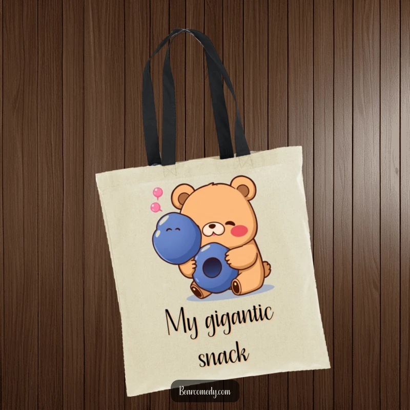 Funny tote bag with a bear character sighing happily while munching on a giant blueberry, perfect for grocery runs.