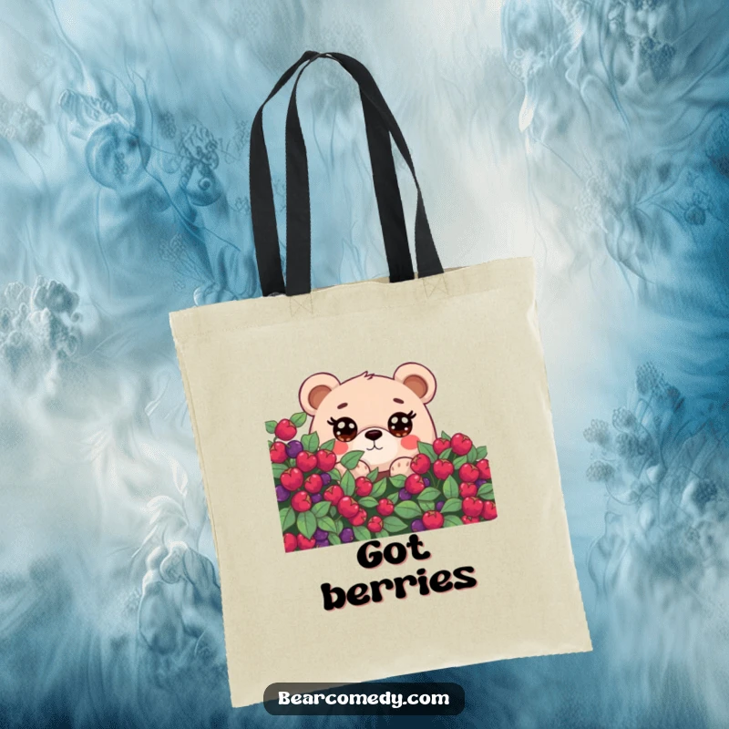 Funny tote bag illustrating a bear with big, curious eyes peeking from behind a berry bush, perfect for carrying treasures.
