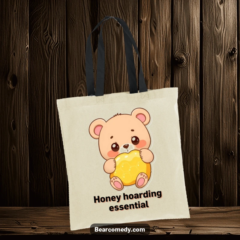 Funny adorable bear character with big round eyes, happily hugging a giant honeycomb, a versatile tote for everyday use.