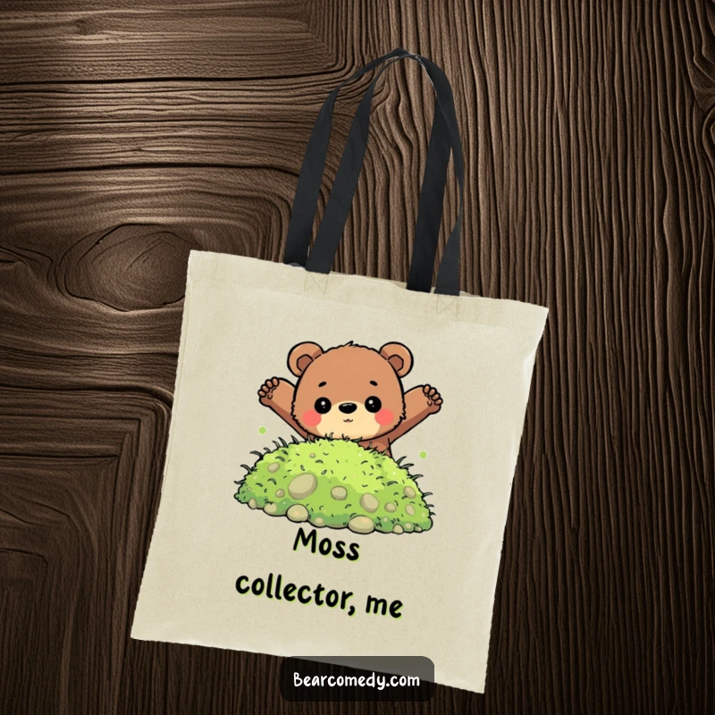 Funny tote bag with a determined bear character leaping into soft moss, symbolizing adventure and a love for the outdoors.